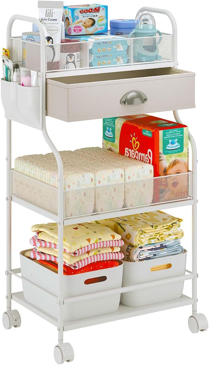 Baby Diaper Caddy Cart Organizer -3 Tier, Bedside Nursery Essentials Organizer & Storage Holder for Newborn Baby Stuff, 2+1 Dividers, 1 Drawer,Rolling Utility Cart for Bedroom,Changing Table, Crib. by Cidaziya