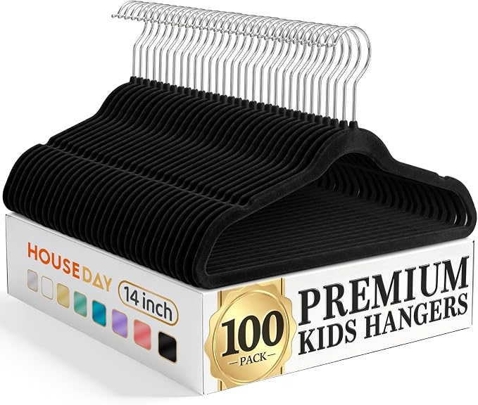 HOUSE DAY Black Kids Velvet Hangers 100 Pack, Durable Big Kid Hangers | 14 Inch Hanger for Youth, Teen, Non Slip Kids Felt Hanger, Cute Childrens Hanger for Closet, Bulk for Small Businesses by HOUSEDAY