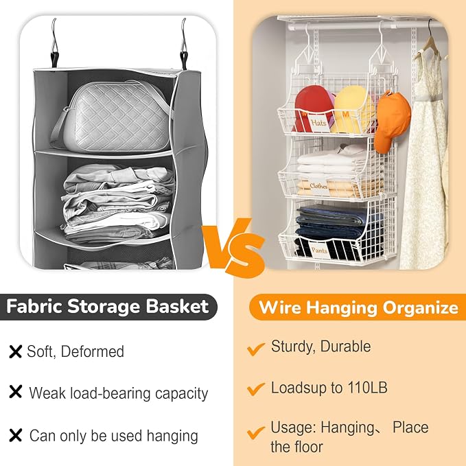 Hanging Closet Organizers and Storage, 3 Tier Closet Shelf Clothes Organizer with 2 S-Hooks, Multi-Functional Iron Wire Baskets, for Clothing, Sweaters, Handbags, Hat, Canned - Image 6