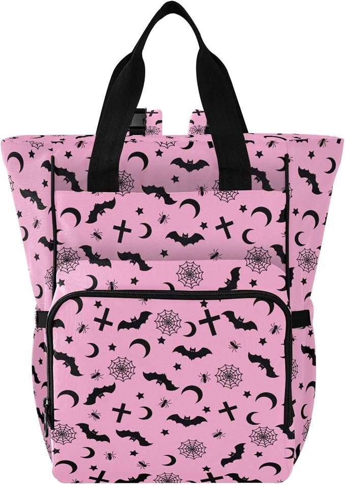 Mnsruu Diaper Bag Pink Goth with Bats Large Changing Backpack Multifunction Travel Tote Mommy Bag Baby Diaper Backpack for Mom Dad by MNSRUU