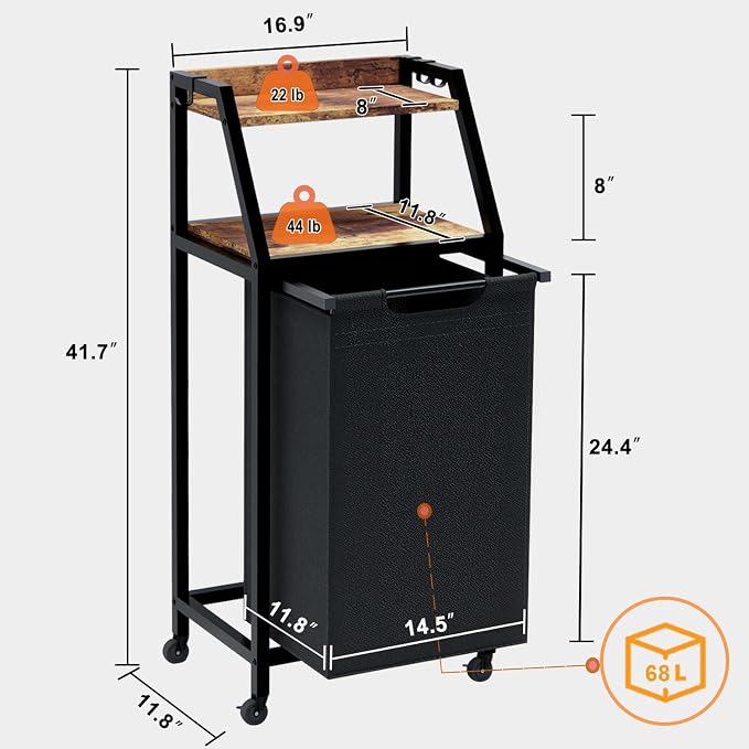 Laundry Hamper, Laundry Sorter, Rolling Laundry Basket with Wheels, 2 Shelves, 18 Gal(68L), Pull-Out and Removable Oxford Fabric Bags, for Laundry Room, Black and Rustic Brown - Image 7