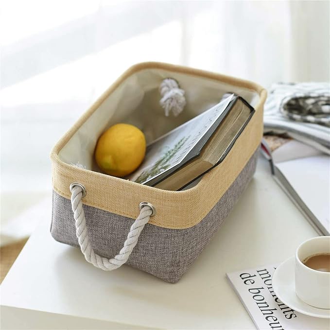 Decorative Basket Rectangular Fabric Storage Bin Organizer Basket with Handles for Clothes Storage (Gold&Grey, Medium-1Pack,13.8L*9.8W*6.7H) - Image 4
