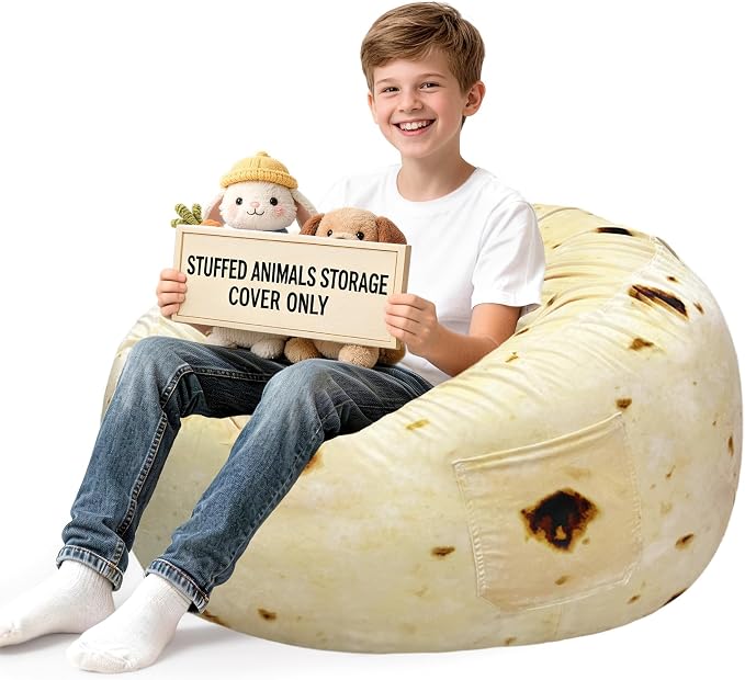 Lukeight Burrito Stuffed Animal Storage Bean Bag Chair Cover for Teens, Velvet Plush Toy Organizer Seat, Cover Only, No Filling Included, Long YKK Zipper, Side Pocket, XX-Large 36"D x 20"H by Lukeight