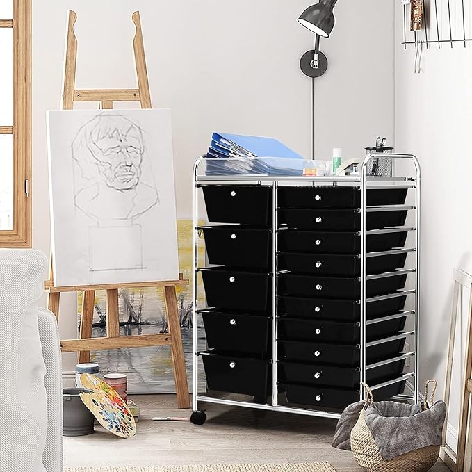15 Drawer Rolling Storage Cart, Rolling Cart with Drawers for Classroom, Art Supply Craft Organizer on Wheel with Metal Frame & Handles for Home Office School - Image 2