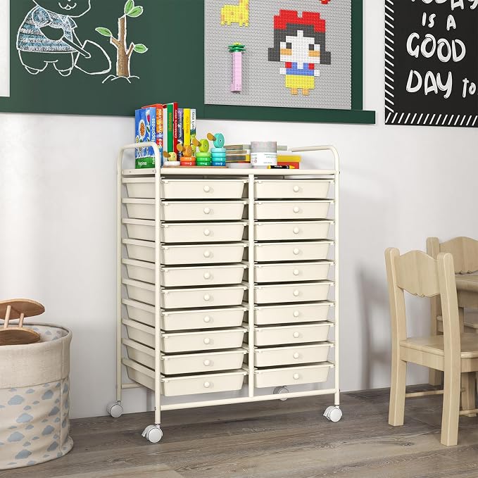 RELAX4LIFE 20-Drawer Rolling Storage Cart - Mobile Rolling Cart w/Drawers for School Classroom Teacher Office Home Salon, Paper File Art Supply Craft Organizer, Utility Cart on Wheels (Ivory) - Image 8