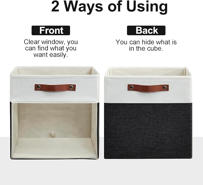 Storage Cubes, 4 Pack Linen Foldable Storage Bins (13 x 13 inch) with Clear Window and Handles, Fabric Organizer for Shelf Closet, Clothes, Books - (Black and White) - Image 7