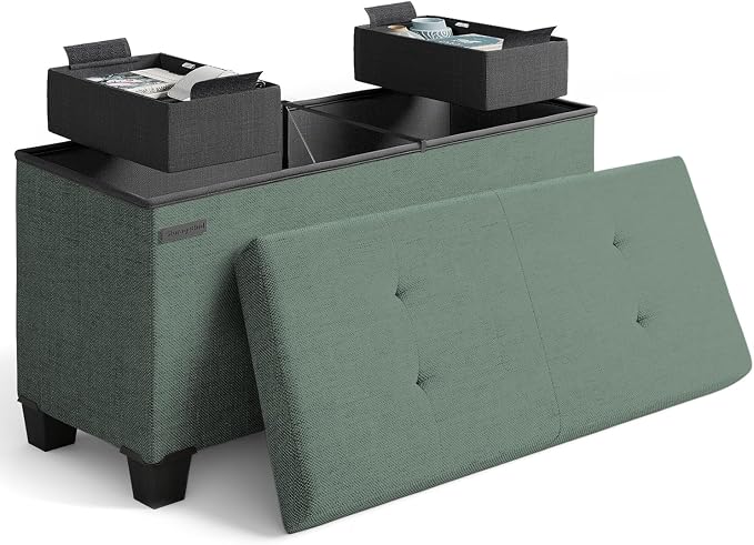Storage Ottoman Bench with Bins, 30-in Storage Bench for Bedroom End of Bed, Folding Foot Rest Ottoman for Living Room Max 660lbs, Fabric Ottomans, Green by STORAGEBUD