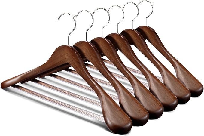 Suit Hangers 6 Pack,Wide Shoulder Wooden Hangers,Solid Wood Coat Hangers with Heavy Duty Retotating Hooks & Non Slip Pants Bar,Smooth Finish Clothes Hanger for Sweater, Pants, Jacket(Walnut) by Uilmart