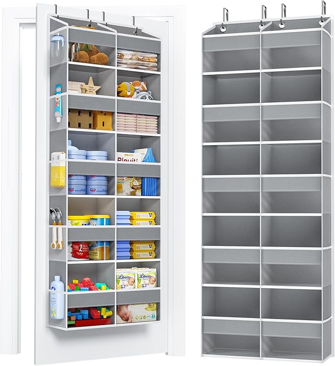 PureSpace 5-Tier Over the Door Organizer, 10 Side Mesh Pockets & Clear Windows, 80LBS Heavy Duty Hanging Storage for Baby Diapers, Shoes, Toys – Ideal for Nursery, Bathroom, Bedroom, Pantry (Grey) by PureSpace