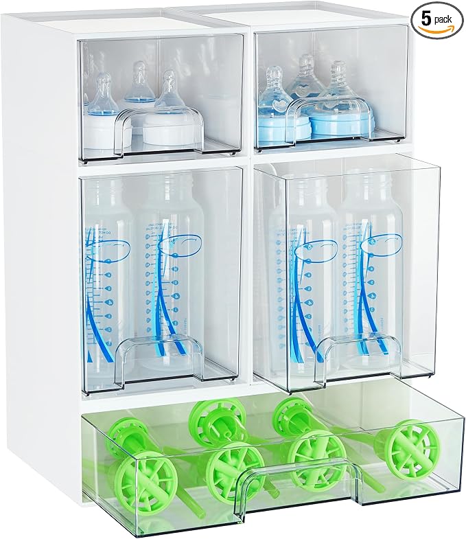 Vtopmart Stackable Storage Drawers Set of 5, Baby Bottle Organizer, White | Multi-purpose Boxes for Bathroom, Beauty Supplies,Ideal for Kichen Countertop, Vanity, Pantry Organization by Vtopmart