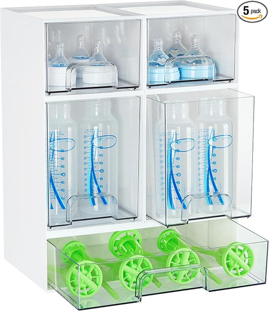 Vtopmart Stackable Storage Drawers Set of 5, Baby Bottle Organizer, White | Multi-purpose Boxes for Bathroom, Beauty Supplies,Ideal for Kichen Countertop, Vanity, Pantry Organization by Vtopmart