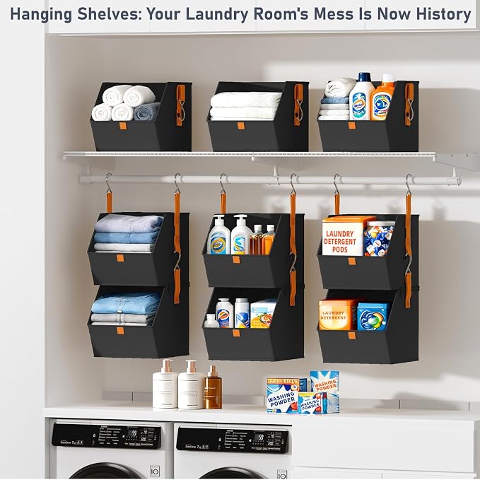 DIMJ Hanging Closet Organizer - 4 Tier Collapsible Hanging Shelves with Hooks Zipper, Fabric Clothes Organizer, Space-Saving Storage Bin Basket for RV, Bedroom, Laundry Organization - Image 6