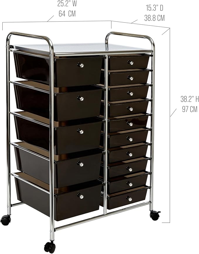 Seville Classics Rolling Utility Organizer Storage Cart , for Home Office, School, Classroom, Scrapbook, Hobby, Craft, 15 Drawer, Black - Image 3