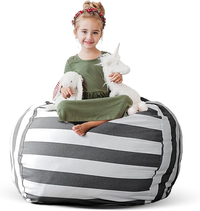 Stuff ’n Sit Extra Large 38’’ Bean Bag Storage Cover for Stuffed Animals & Toys, Giant Beanbag Chair for Kids Ages 3-14, Bedroom Organizer, Grey/White Striped by CreativeQT