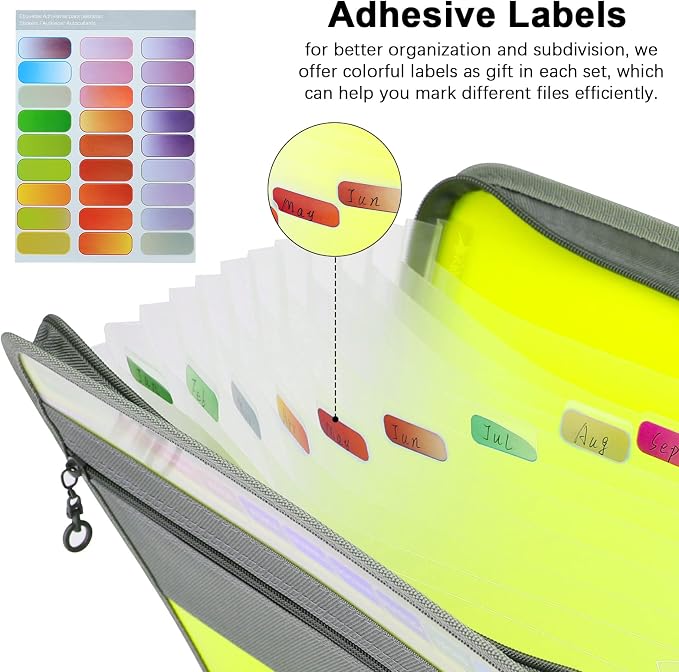 NAFY Expanding File Folder, 13 Pockets Document Organizer with Zipper, A4 Letter Size Portable Accordion Expanding File Folders with 27pcs Multicolor Labels for Home Office School Supplies (Green) - Image 5