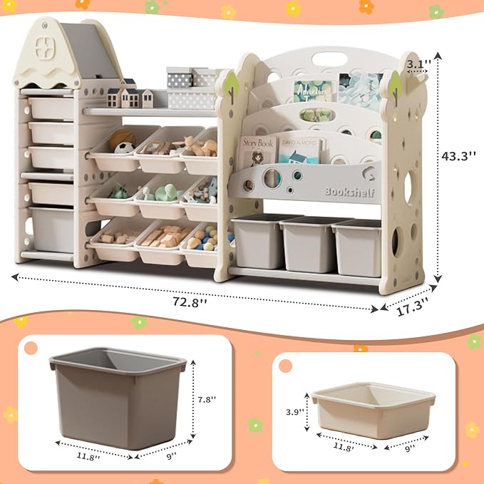Pipleo Kids Toy Storage Organizer with 17 Removable Bins, 4-Tier Bookshelf for Kids, Multi-Purpose Castle-Shaped Toy Organizer for Playroom, Bedroom, Nursery, Living Room (Cream) - Image 2