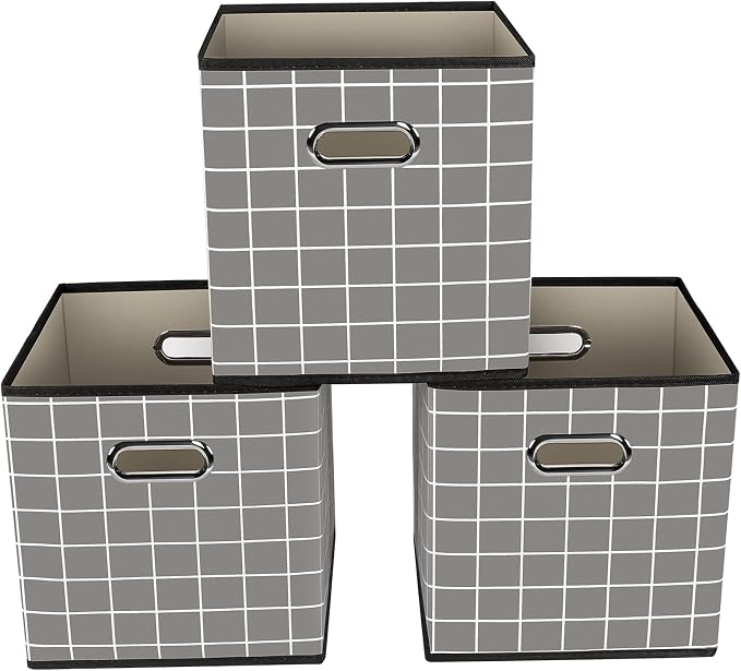 Yunkeeeper storage bins Cubes, Fabric Cube Organizer with Handle, Foldable Cube Bins for Cloth or Accessary Storage, 11x11x11, Set of 3,(Grey grid) by Yunkeeper