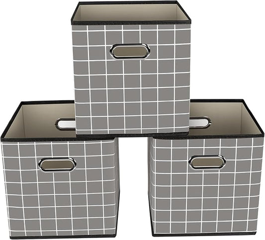 Yunkeeeper storage bins Cubes, Fabric Cube Organizer with Handle, Foldable Cube Bins for Cloth or Accessary Storage, 11x11x11, Set of 3,(Grey grid) by Yunkeeper