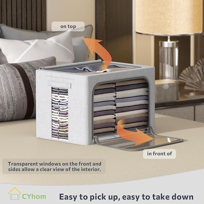CYhom Clothes Storage Bins Box - Foldable Stackable Container Organizer Set with Clear Window & Carry Handles & Metal Frame - 2Pack Large Capacity for Bedding, Blankets, Books - Image 2