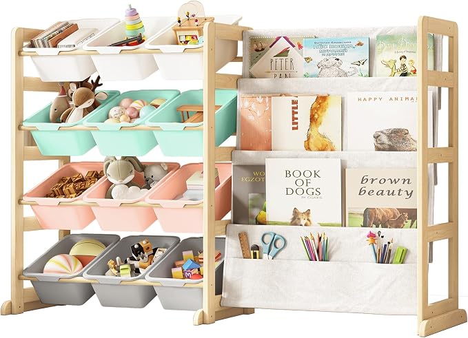 EXPERLAM Toy Storage Organizer with Bookshelf - 12 Storage Bins 4-Tier Multipurpose Shelf to Organize Toys and Books for Kids Room, Playroom, Nursery Room, Multi-Color by EXPERLAM