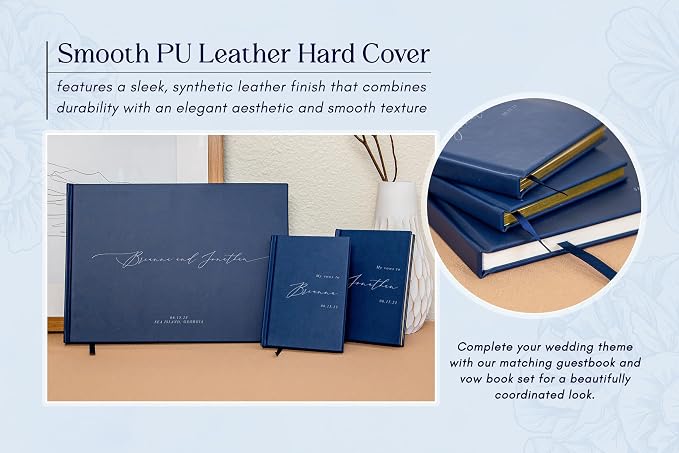 Personalized Wedding Book Set with Guestbook Vow Books (Design 1) - Custom Large 11.5 x 8.5 Guest Signin Book, 5.75 x 4 Vow Books for Marriage Ceremony Reception, Gift for Newly Engaged Couple, Navy - Image 4