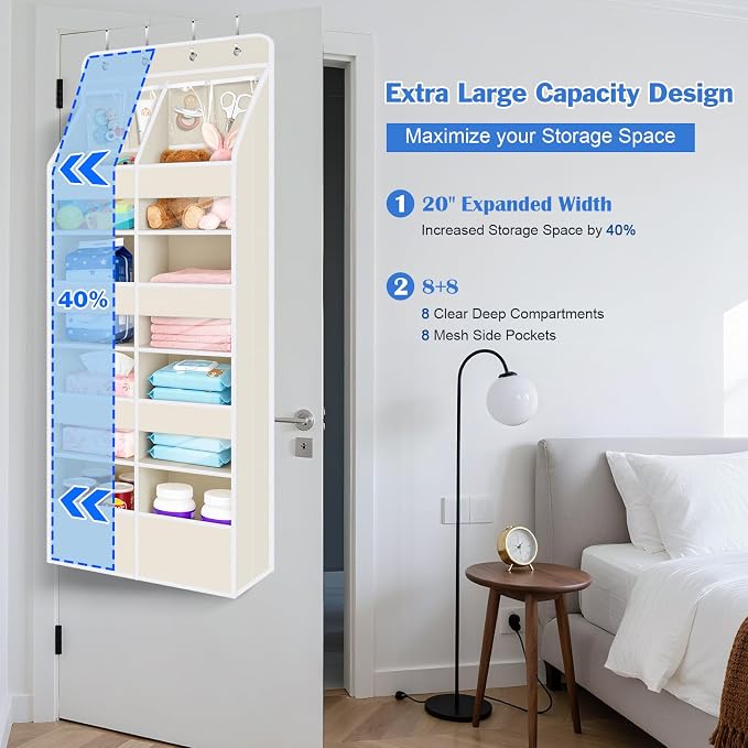 Univivi Upgraded Over the Door Organizer for Baby Nursery, Beige, 5-Shelf | Fabric Door Organizer with Clear Window Deep Pockets, Over Door Hanging Organizer for Baby Essential, Bedroom, and Dorm - Image 8