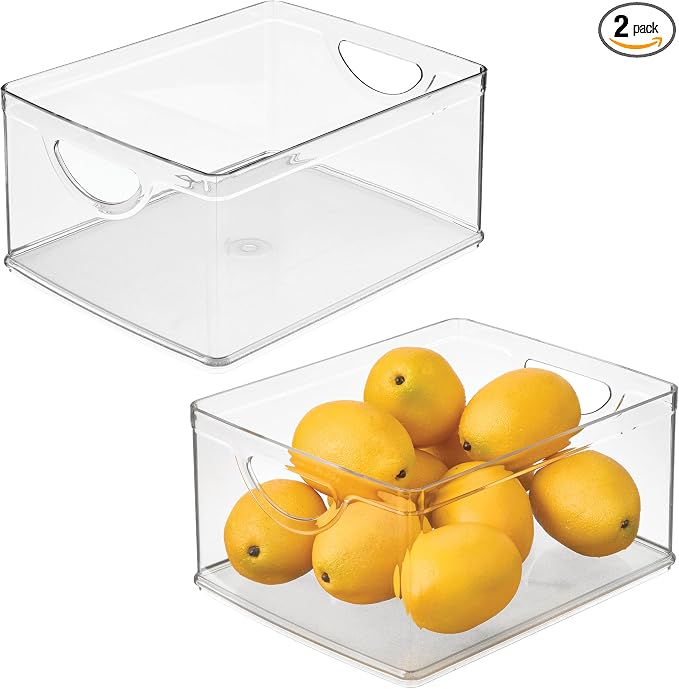 iDesign Pantry Storage Bins with Handles, Set of 2, Clear | Organizer Bins, For Cabinets or Fridge by iDesign