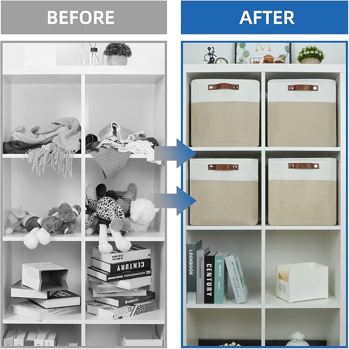 Temary Fabric Storage Baskets 12x12 Cube Bins 4 Pack Cloth Baskets for Shelf, Storage Cubes Bins Gift Empty (White&Khaki) - Image 6