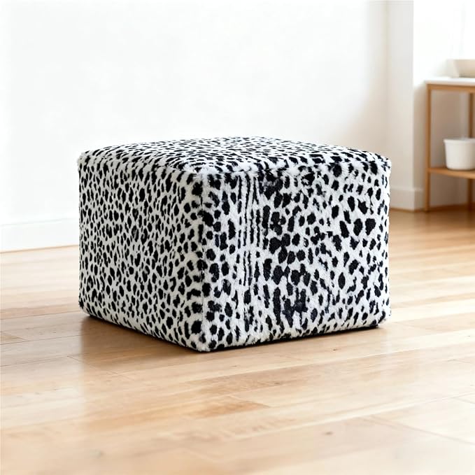 Square Faux Fur Pouf Ottoman Cover Footstool (No Filler) Indoor Beanbag Puff Footrest Footstool Washable Storage Bean Bag Chair Floor Pouf Covers Casual Bedroom(Spotted Black) by Unknown