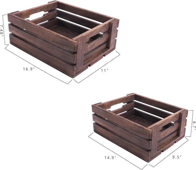 ARTAWEIN Set of 2 Rustic Wooden Crates for Display & Storage - Nesting Farmhouse Wood Boxes with Handles - Decorative Stackable Storage Baskets for Home Decor, Pantry, Kitchen, Bathroom - Carbonized - Image 4