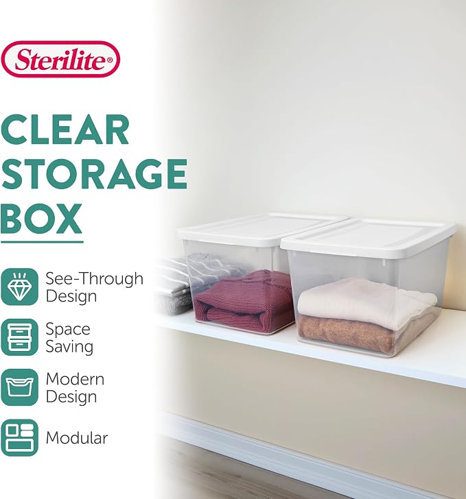 Sterilite Storage Box, Stackable Clear Plastic Bins, 20 Quart, 12-Pack | Heavy-Duty Organizing Containers with Snap-On Lids for Closet, Bathroom, and Office - Image 3