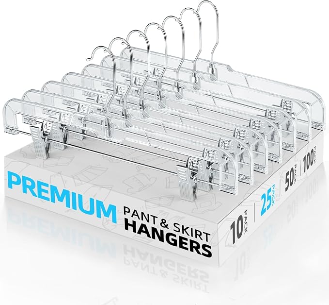 HOUSE DAY Heavy Duty Clear Pants Hangers 25 Pack, 14'' Skirt Hangers | No-Mark Clip Hangers with Stronger Grip, Adjustable Clips for Jeans, Pants, Skirts and Shorts, Bulk Closet Hangers by HOUSEDAY