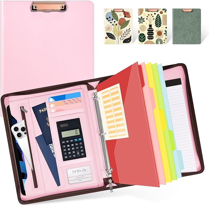 Ospelelf Pink Leather Portfolio Binder 3 Ring, Zippered Clipboard Folder with Storage - 5 Dividers with Pocket, Padfolio for Women,12.1” Tablet Sleeve, Refillable Notepad, Card Slot by OspelelfOfficeSupplies