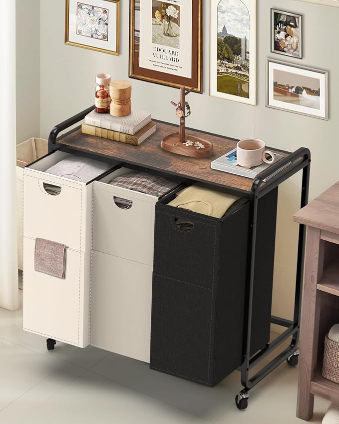 Laundry Sorter 3 Section,Laundry Basket with Wheels,3×15.8 Gal (60L) | Laundry Room Organization with Wooden Desktop Shelf,Pull-Out and Removable 900D Oxford Fabric Laundry Bags for Laundry Room by ELOWEN