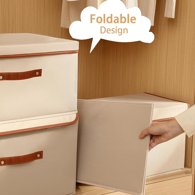 Tuza 4 Pack Large Fabric Storage Bins with Lids, Foldable Storage Boxes with Lids for Organizing, Decorative Storage Boxes with Handles for Home, Bedroom, Closet, Office(Khaki, Large) - Image 4