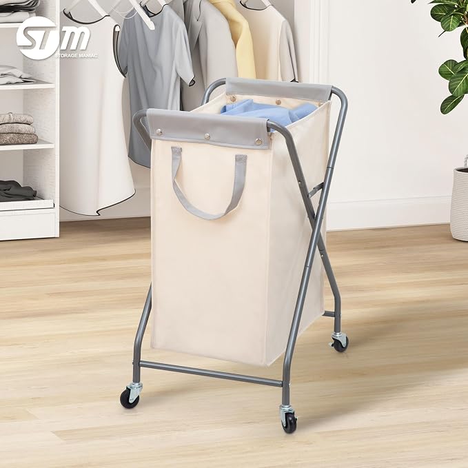 STORAGE MANIAC Collapsible Laundry Hamper with Wheels, Rolling Laundry Basket, Heavy Duty Cloth Sorter with Removable Bag, Folding X Frame Clothes Organizer Cart for Easy to Store, 1 Section - Image 6