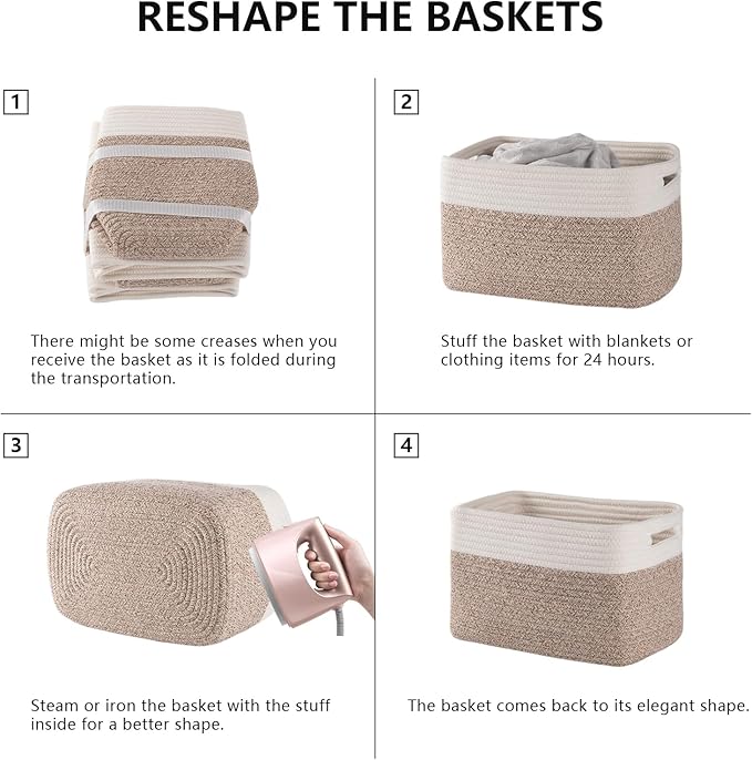 4 Pack Storage Baskets for Organizing, Woven Baskets for Shelves - Perfect for Toys, Books, Towels, and Clothes, Durable Gift Basket Bins Toy Storage, 12.7''Lx9''Wx7.8''H, Brown & White - Image 6