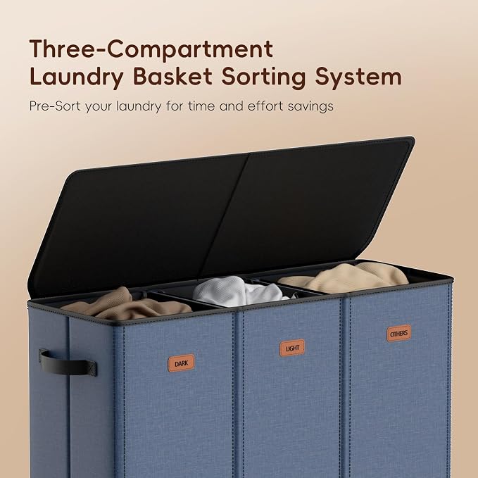 185L Laundry Hamper 3 Section, Laundry Hamper with Lid, Dirty Clothes Hamper with 3 Removable Washing Bags, Extra Large Laundry Basket Organizer for Bedroom, Laundry Room, Dorm - Navy Blue - Image 5