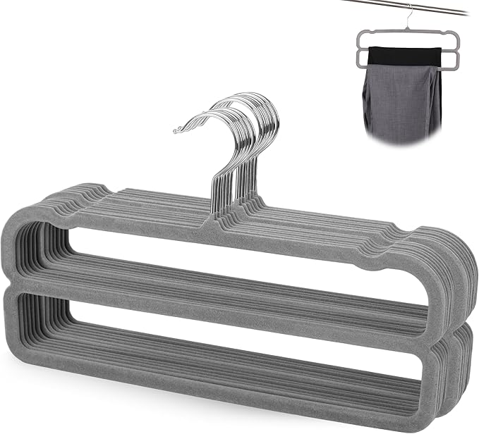 VSV stoage Velvet Pants Hangers with Double Non Slip Bar - Multiple Velvet Hangers for Closet - Thin Space Saving Clothes Hanger - 360° Swivel Felt Trouser Hanger Perchas Terciopelo 10 Pack (Grey) by VSVstoage