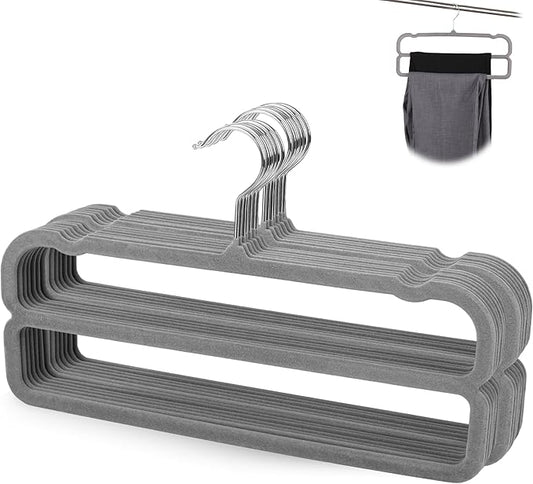 VSV stoage Velvet Pants Hangers with Double Non Slip Bar - Multiple Velvet Hangers for Closet - Thin Space Saving Clothes Hanger - 360° Swivel Felt Trouser Hanger Perchas Terciopelo 10 Pack (Grey) by VSVstoage
