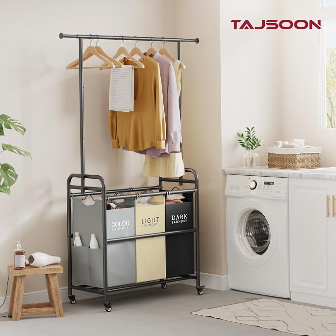 Laundry Sorter Cart with Hanging Clothes Rack, 3 Section, 3 Colors | 135L Laundry Sorter Hamper Cart with Heavy Duty Rolling Lockable Wheels and Removable Bags for Laundry Room, Apartment - Image 2