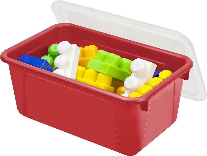 Storex Small Cubby Bins – Plastic Storage Containers for Classroom with Non-Snap Lid, 12.2 x 7.8 x 5.1 inches, Red, (62407U05C) (Pack of 5) - Image 7