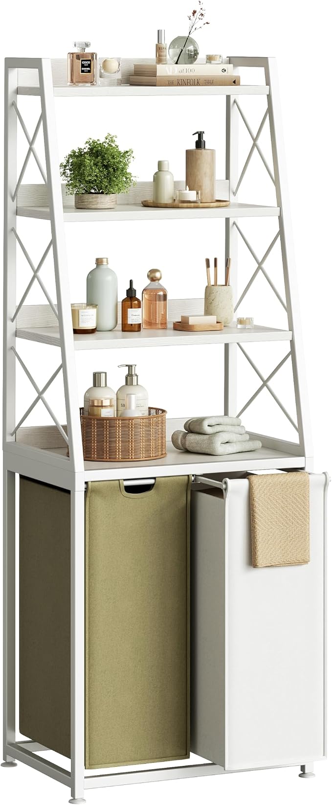 Herture Laundry Basket, 2 Section Laundry Hamper with 4 Tiers Shelf, Pull-Out and Removable Laundry Bags, Large 2 x 15.87 Gallons, for Bedroom Bathroom White PF11XLE by Herture