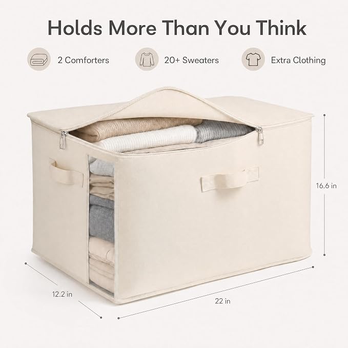 6 Pack Canvas Comforter Storage Bags for Clothes & King Comforters, Natural | 70L Capacity, Dual Zippers, Three Reinforced Handles, Foldable Canvas Design for Comforters, Blankets and Seasonal Clothing - Image 7