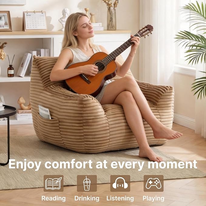 Bean Bag Chair for Adults & Kids, Giant Bean Bag Sofa with Side Pocket, Corduroy Beanbag Chair with Armrests, Comfy Stuffed Floor Sofa for Living Room Bedroom Dorm, Brown - Image 3