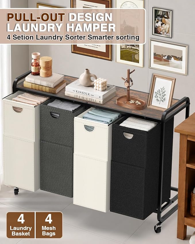 Laundry Sorter 4 Section,Laundry Basket with Wheels,4×15.8 Gal (60L) Laundry Hamper Organizer with Large Wooden Desktop Sorter,Pull-Out and Removable 900D Oxford Fabric Laundry Bags for Laundry Room - Image 5