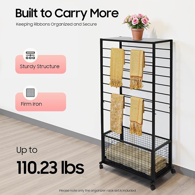 Ribbon Holder Organizer Rack, Double-Sided 16-Layer Ribbon Shelf with Wheel | Ribbon Display Rack, Multifunctional Metal Flower Wrapping Paper Storage Stand for Craft Room Flower Shop, Black - Image 5