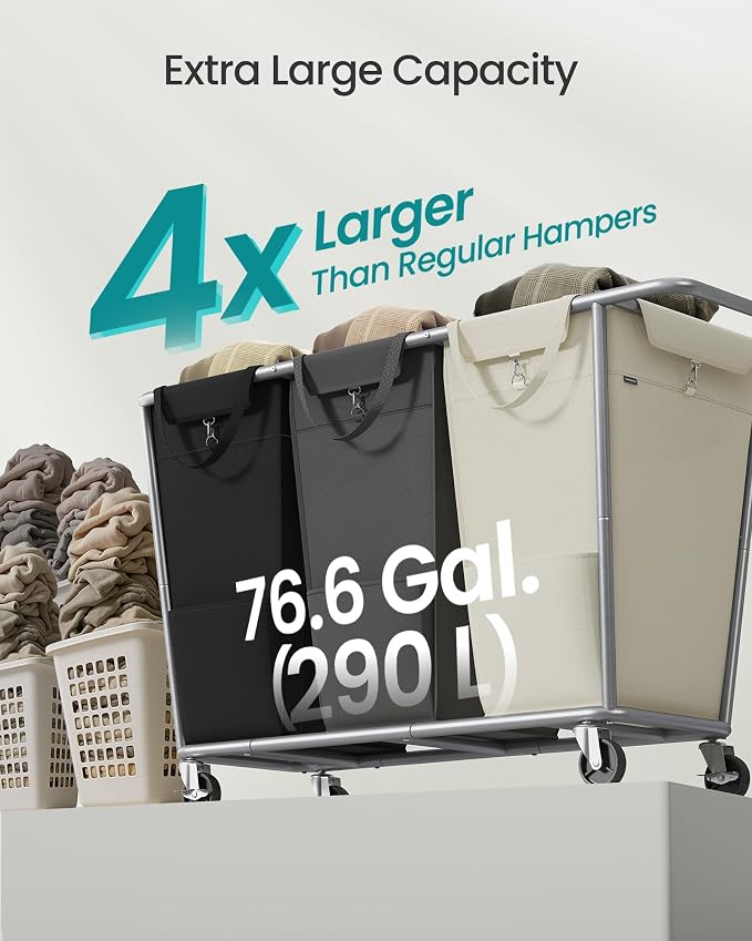 SONGMICS Laundry Basket with Wheels, 3-Section Laundry Sorter, 76.6 Gallons (290 L) Rolling Hamper with Removable Bags, Heavy-Duty Steel Frame, Cream White, Dark Gray and Ink Black URLS010X01 - Image 3