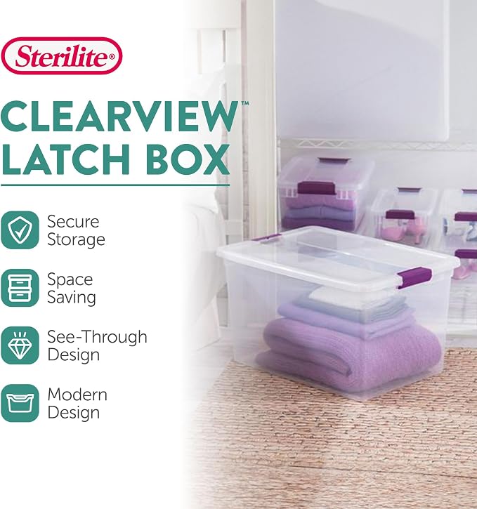Sterilite ClearView Latch Boxes, Storage Bins with Lids, 66 Quart, 18-Pack | Clear Plastic Organizers with Color Accent Latches for Closet, Bedroom, Shelving Units, Dorm Room and Home Organization - Image 2