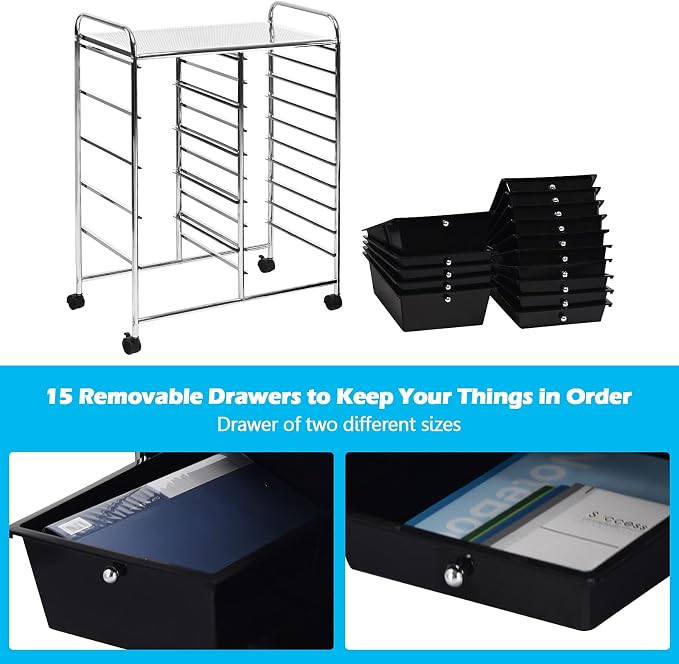 Moccha 15-Drawer Rolling Storage Cart - Under Desk Storage Drawers with wheels for Craft Art Supply Paper Salon, Scrapbook Paper Tools, Mobile Utility Cart for Classroom (15 Drawers, Black) - Image 4